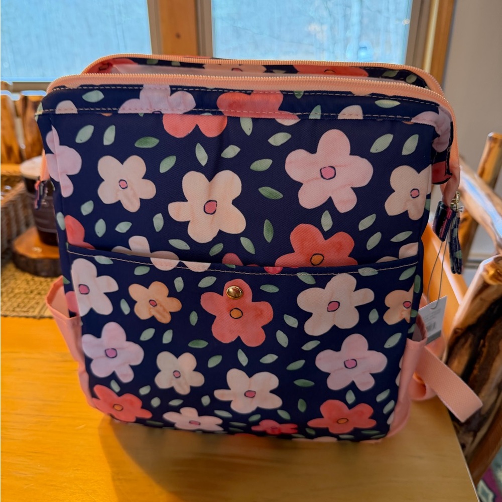 Navy Floral Crossbody Travel Bag with Pink Accents